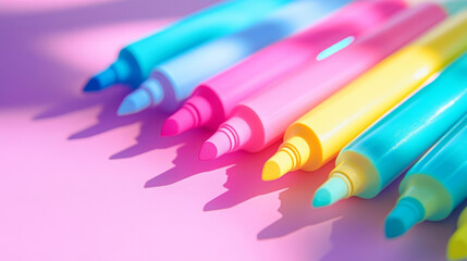Brightly colored markers arranged in vibrant display on pink background