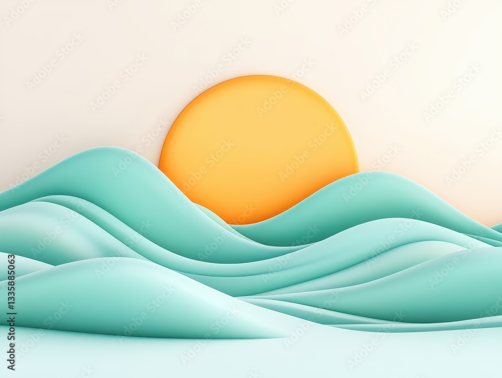 Poster abstract representation of waves and sun in a serene landscape setting