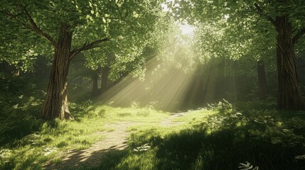 Naklejka premium Sunlight Streaming Through Green Trees Creating a Forest Path Scene