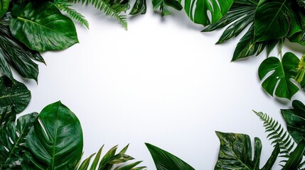 Fototapeta premium Lush Tropical Leaves Frame White Background Jungle Foliage Text Space High Resolution