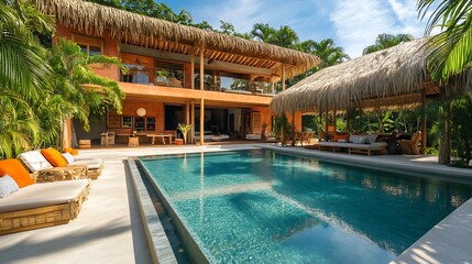 Swimming Pool in Luxury Villa with Thatched Roof and Tropical Garden