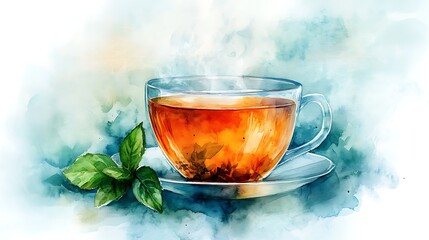 Watercolor Painting of a Cup of Tea with Mint