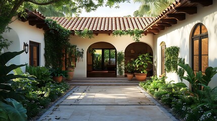Walking Path Leading Through Lush Courtyard Garden with Arched Entrances