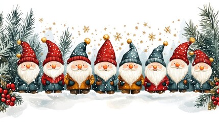 Christmas gnomes in a snowy landscape. Festive border design. Possible use greeting card, wallpaper, or digital print