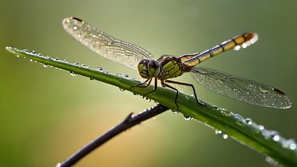 Close-Up Macro Shot of a Dragonfly with Morning Dew on Wings 1