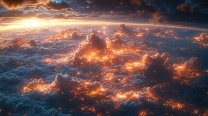Fiery clouds at sunset, earth's atmosphere view. Possible use stock photo for space, science fiction, fantasy, or environmental concepts