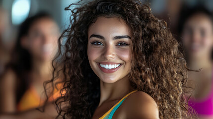 A portrait of an attractive young woman with long, curly hair, smiling and dancing in the center, surrounded by other women participating in a dance class at a gym