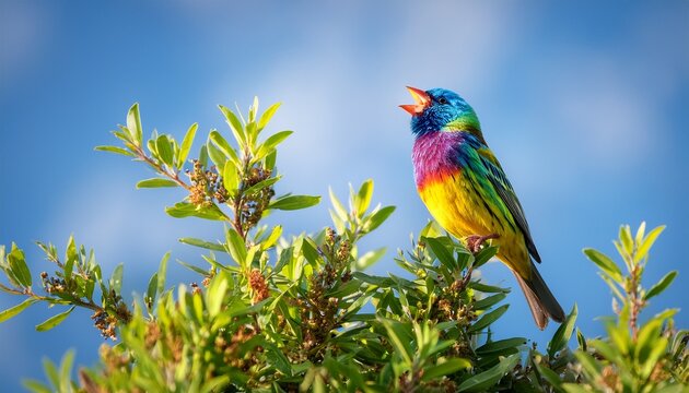 painted bunting passerina ciris singing at the top of a tree