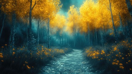 Golden path in a mystical forest
