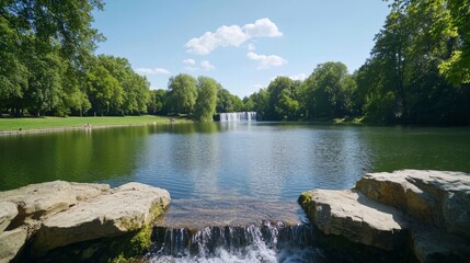 Serene park with a small waterfall and pond, bathed in sunlight