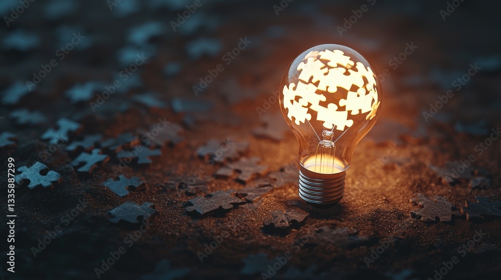Aufkleber a puzzle piece completing a glowing light bulb, emphasizing problem-solving ideas