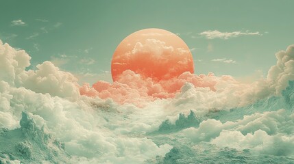 Surreal landscape, sun, clouds, mountains.  Possible use Stock photo for fantasy, sci-fi, or dream-like aesthetic