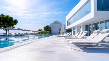 Fototapeta premium Luxury Hotel Poolside Relaxation Sunbeds Umbrellas Ocean View