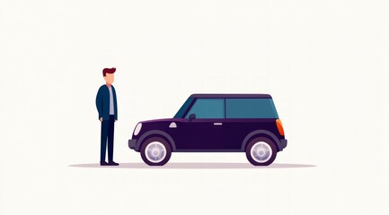 Minimalist Illustration  Man   His Car  Flat Design  Purple  White Background
