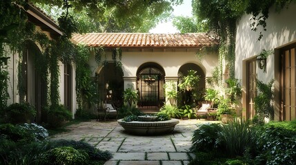 Fototapeta premium Peaceful Courtyard Garden with Fountain and Lush Greenery in Mediterranean Style