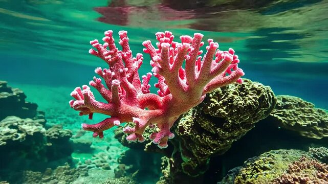 Pink Soft Coral Underwater in Clear Blue Ocean with Sunlight Reflection &ndash; Vibrant Marine Life and Tropical Coral Reef Ecosystem