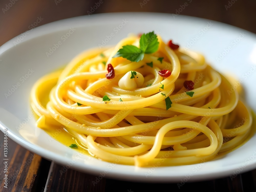 Poster generative ai captures: spaghetti aglio e olio with a delectable visual twist