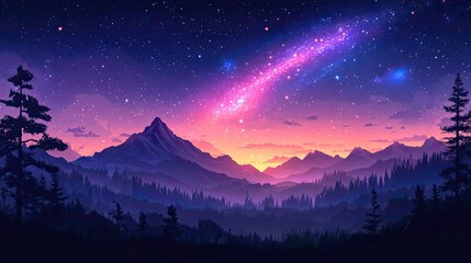 Mountain sunrise, cosmic meteor, starry night, peaceful scene, fantasy art