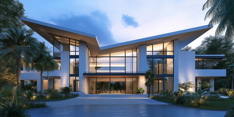 Fototapeta premium A modern mansion with a large entrance, symmetrical design, triangular roofline, white stone facade, tall windows.