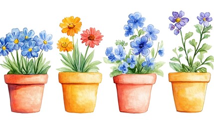 Watercolor Potted Flowers Spring Blooms Colorful Terrace Garden