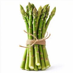 A bunch of fresh asparagus tied with twine against a white background.