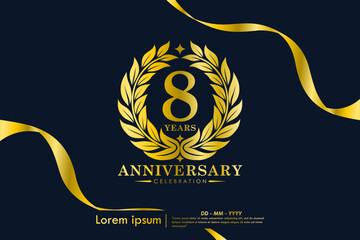 8th years anniversary celebration emblem. elegant golden anniversary logo isolated with laurel wreath and ribbon on black background. vector illustration template design