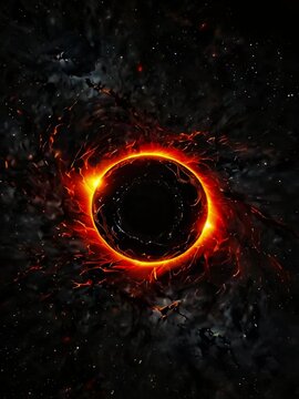 Blackhole moving in the space. Black hole with red fire flame circle moving in galaxy space full of stars. Movement of a giant gravity black hole. Largest black hole in observable universe night sky