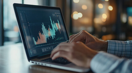 person analyzing data on laptop in cozy cafe setting