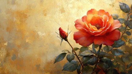 Orange rose blossom, bud, garden, textured background, floral art