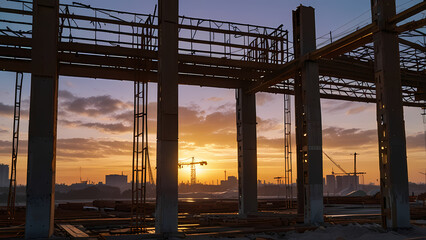 Obraz premium Industrial Construction Setting in the Morning