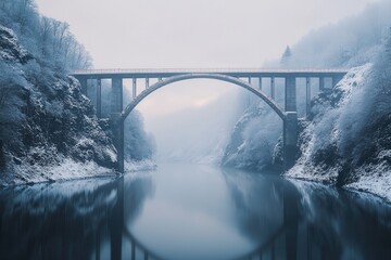 Stone arch bridge over snowy river in winter. Perfect for travel, nature, and winter themes.