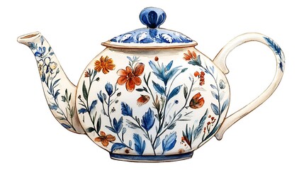 Watercolor Teapot with Floral Design and Blue Accents