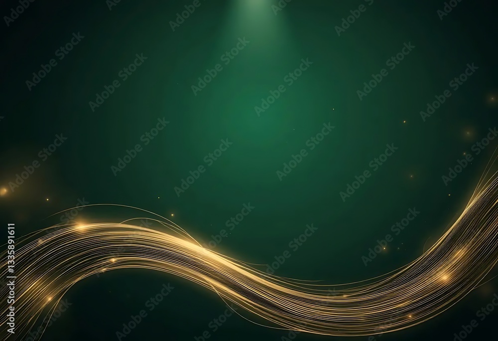Poster elegant emerald backdrop with flowing golden threads and ethereal light