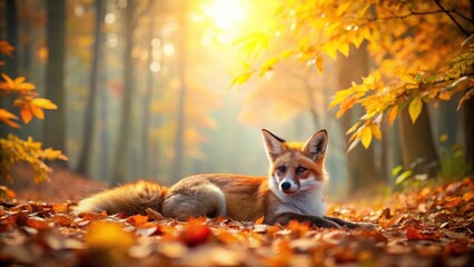 A Red Fox Resting Amidst the Golden Hues of Autumn's Embrace in a Sun-Drenched Forest