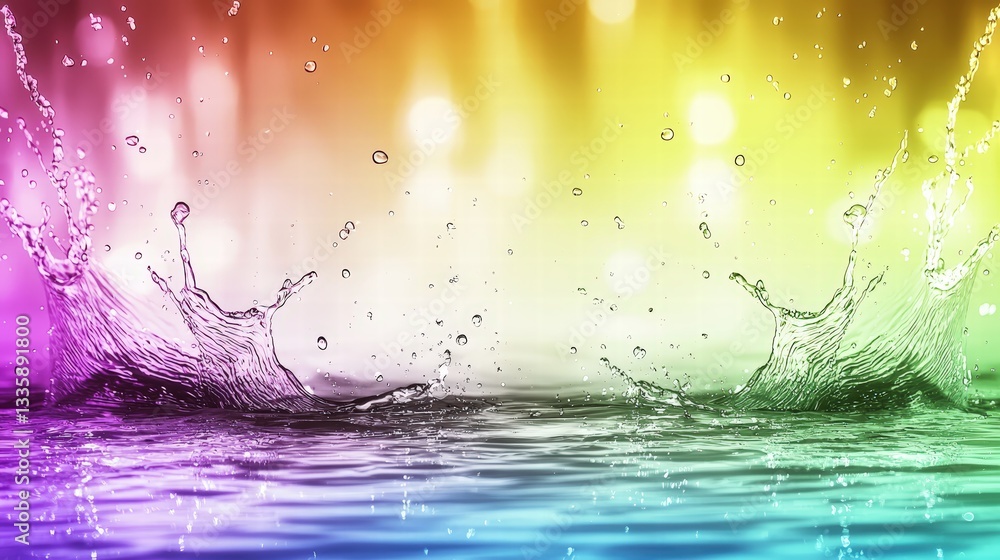 Poster water splashing dramatically on a colorful background creating a dynamic and energetic visual effect