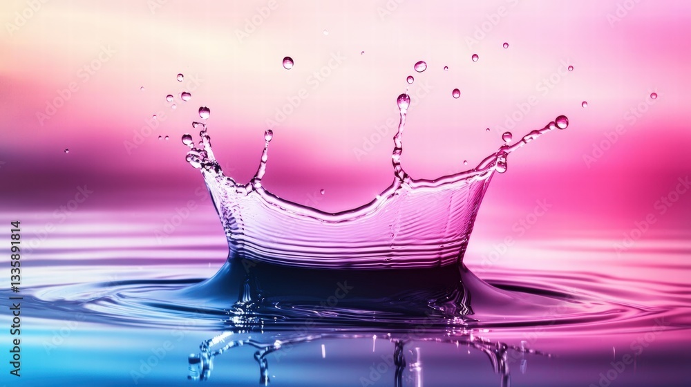 Poster a single water drop splashing into a pink and blue background creating an eye-catching visual effect