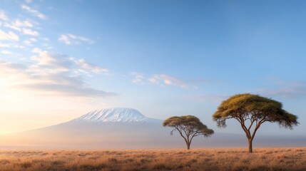 Sunrise over a mountain range in a savanna