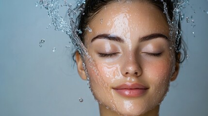 Naklejka premium Woman's face with water splashing. Ideal for skincare, beauty, and health websites or advertisements.