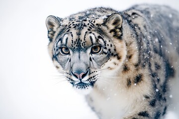 Fototapeta premium Close-up of snow leopard in snowy scene. Perfect for wildlife, nature, and winter themes.