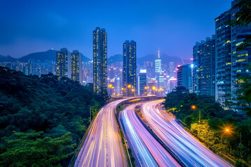 Naklejka premium A city skyline at night with the lights of cars and trucks on an overpass