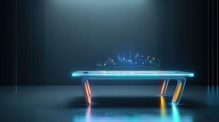 Futuristic meeting table with glowing charts and interactive holograms.