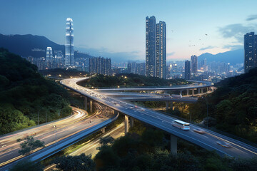 Fototapeta premium A city skyline at night with the lights of cars and trucks on an overpass