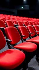 Obraz premium Red theater seats in an empty auditorium with dim lighting