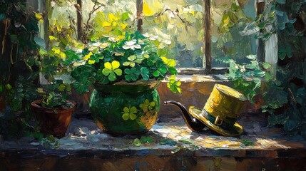 Potted shamrocks, windowsill, sunshine,  artistic still life,  for wallpaper or screensaver