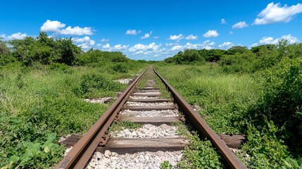 Obraz premium Rustic railway tracks stretching into verdant countryside under bright blue sky