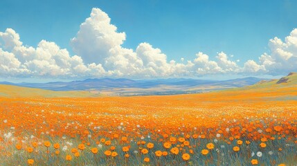 Orange poppy field under sunny sky, distant mountains