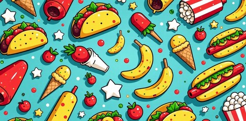 Naklejka premium Fun and vibrant fast food doodle pattern with tacos, hot dogs, ice cream, and popcorn, doodle, pattern