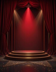 Opulent stage with draped red velvet curtains, ready for grand performances