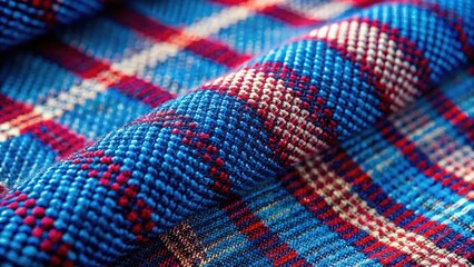 Vibrant Textured Fabric in a Striking Blue, Red, and White Plaid Pattern with a Close-Up View Highlighting the Intricate Weave