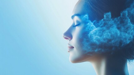 Woman Profile with Cloud Effects, representing thoughts and mental processes, a conceptual art image
